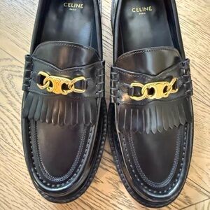 Celine Black Leather Kiltie Loafers with Gold Chain Accent